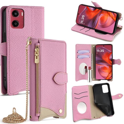 Funda de Cuero con Cadena Cruzada y Diseño Cola de Pez para Motorola Moto G05 (Rosa)