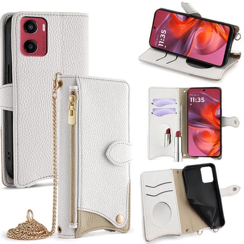 Funda de Cuero Tipo Lichi con Diseño Cola de Pez y Cadena Cruzada para Motorola Moto G05 (Blanca)