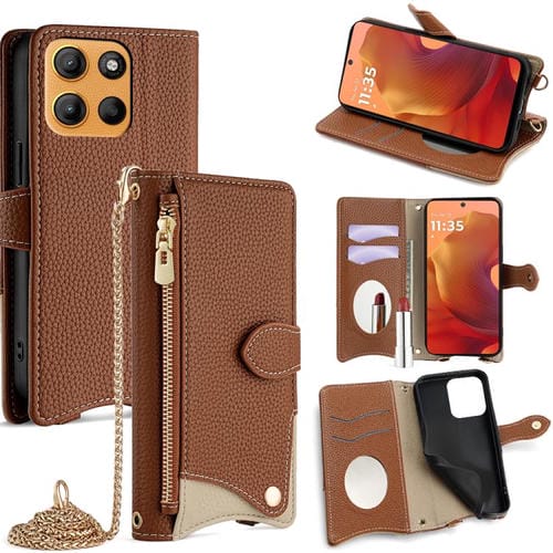 Funda Cuero Lichi Motorola Moto G15/G15 Power diseño Cola de Pez y Cadena Cruzada (Marrón)