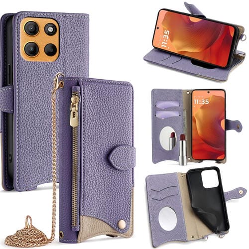 Funda de Cuero de Lichi con Diseño Cola de Pez y Cadena Cruzada para Motorola Moto G15 / G15 Power (Morado)