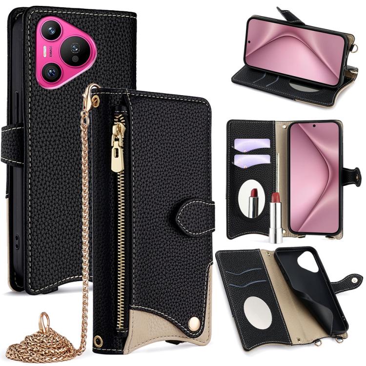 Funda de Cuero Tipo Lichi con Forma de Cola de Pez y Cadena Cruzada para Huawei Pura 70 (Negra)
