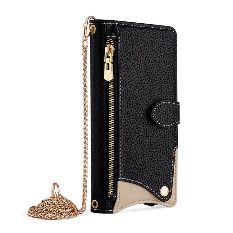 Funda de Cuero Tipo Lichi OnePlus Nord N200 5G con Diseño Cola de Pez y Cadena Cruzada (Negra)