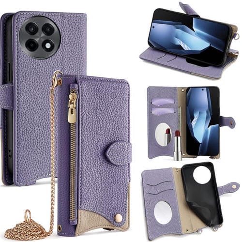Funda de Cuero de Lichi con Diseño de Cola de Pez y Cadena Cruzada para OnePlus Ace 5 y Ace 5 Pro (Morado)