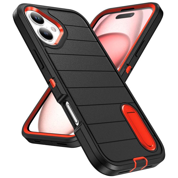 Funda de Silicona y PC Defender Gen2 para iPhone 16 Plus con Soporte (Negro y Naranja)