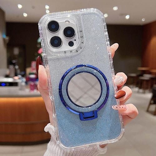 Funda para Teléfono Magsafe con Soporte Espejo y Purpurina para iPhone 16 Pro (Azul)