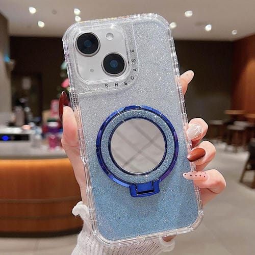 Funda para Teléfono Magsafe para iPhone 14 con Soporte Espejo y Purpurina (Azul)