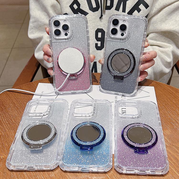 Funda para Teléfono Magsafe iPhone 16 Plus con Soporte Espejo y Purpurina (Negra)