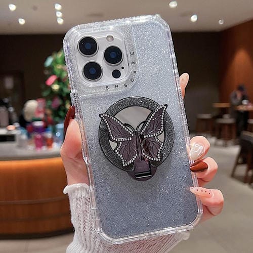 Funda para Teléfono iPhone 16 Pro Max Soporte Mariposa Espejo Purpurina Magsafe (Negra)