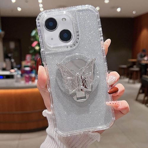 Funda para Teléfono iPhone 15 Plus Soporte Mariposa Espejo Purpurina Magsafe (Plateada)