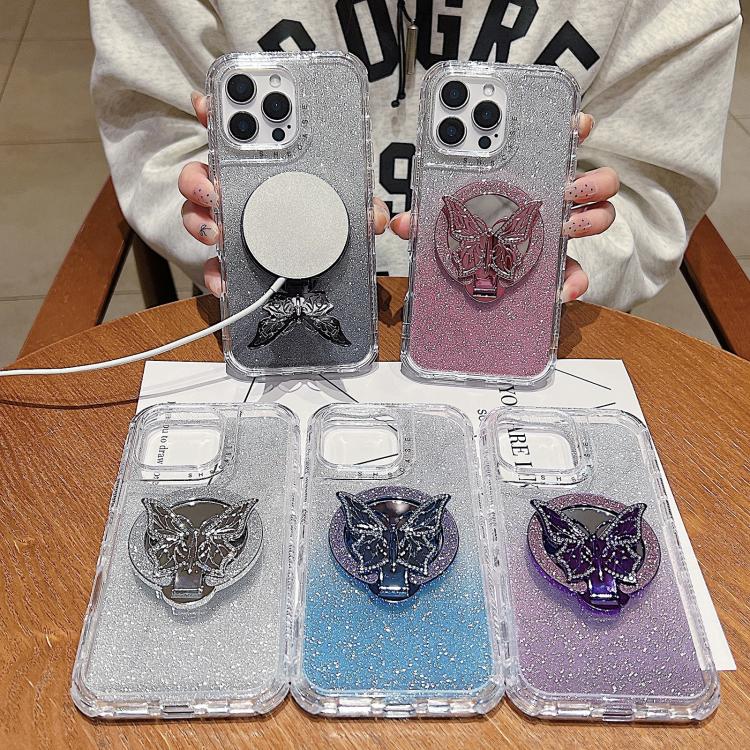 Funda para iPhone 16 Plus con Espejo y Mariposa con Purpurina y Soporte Magsafe (Rosa)