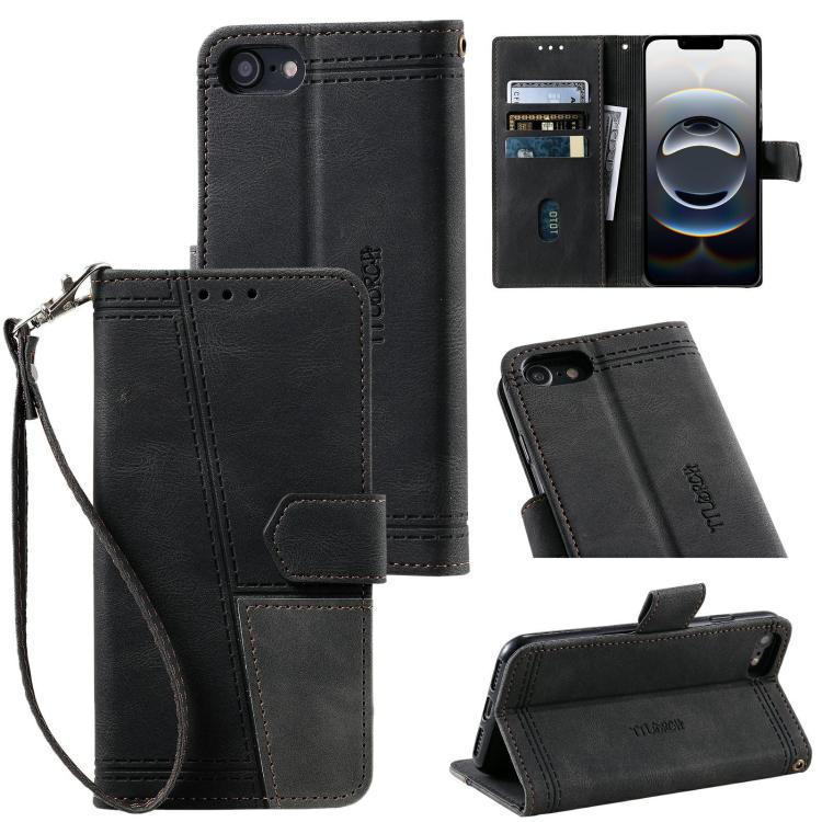 Funda de Cuero Ttudrch para iPhone 16E con Empalme de Líneas en Relieve (Negra)