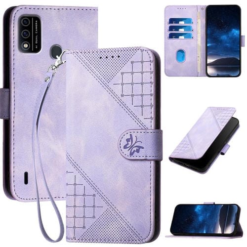 Funda de Cuero Itel A48 con Diseño de Mariposa en Relieve y Cordón (Morado Claro)