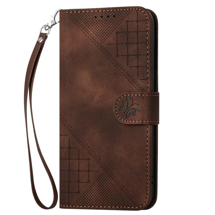 Funda de Cuero para Itel A50C con Diseño En Relieve de Mariposa y Cuadrícula con Cordón (Café)