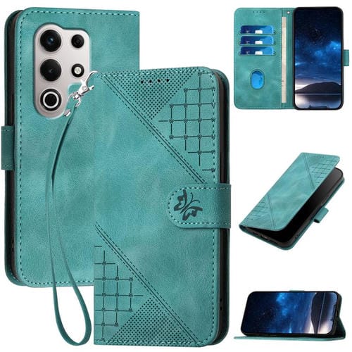 Funda de Cuero para Itel S25 Ultra con Diseño Mariposa en Relieve y Cordón (Azul Claro)