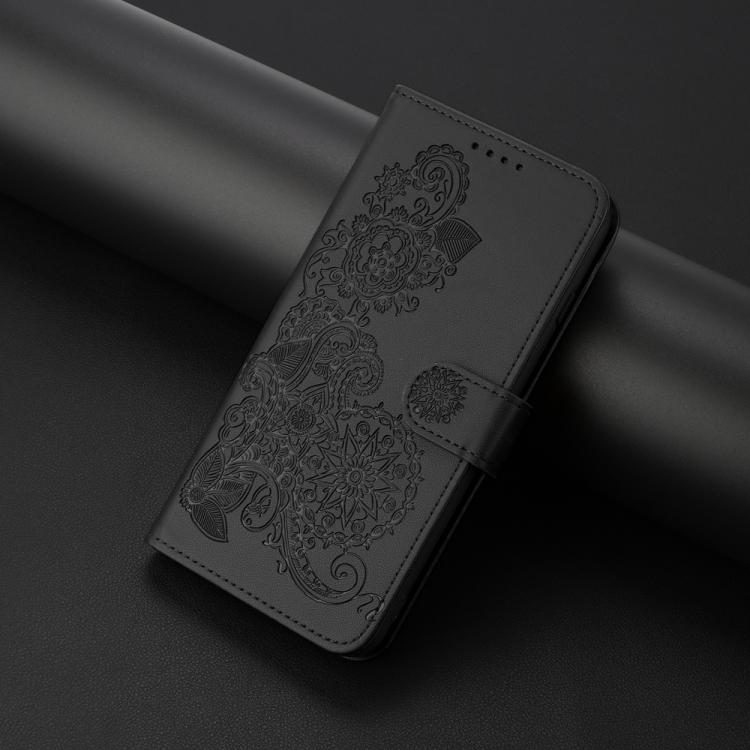 Funda de Cuero con Tapa para Itel A50 Diseño Flor de Datura en Relieve (Negra)
