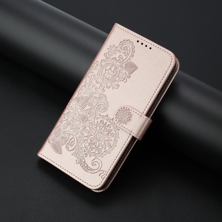 Funda de Cuero con Tapa para Itel A50C Diseño Flor de Datura En Relieve (Oro Rosa)