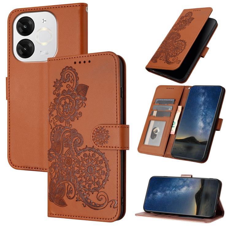 Funda de Cuero con Tapa para Teléfono Itel A80 con Relieve Flor de Datura (Marrón)