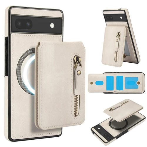 Funda de Cuero con Tapa Trasera Magsafe Dividida con Cremallera para Google Pixel 6 (Blanca)