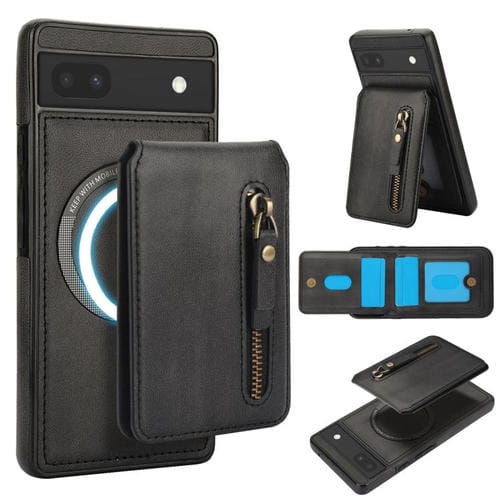 Funda de Cuero con Tapa Trasera Magsafe Dividida y Cremallera para Google Pixel 6 (Negro)