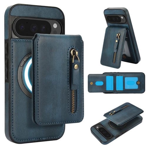 Funda de Cuero con Tapa Trasera Magsafe Dividida con Cremallera para Google Pixel 9 Pro XL (Azul)
