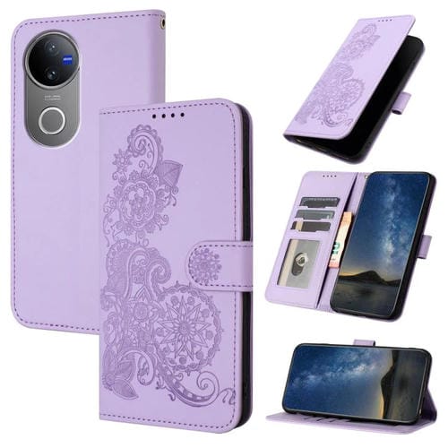 Funda de Cuero con Tapa y Relieve de Flor de Datura para Vivo V50 (Morado)