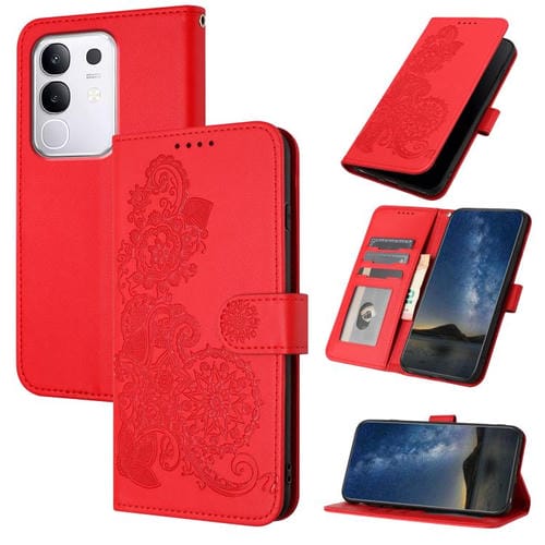 Funda de Cuero con Tapa y Relieve de Flor de Datura para Vivo Y29 4G (Roja)