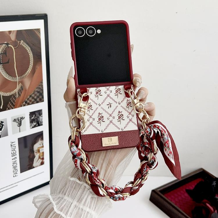 Funda de TPU con estampado de flores de la suerte y correa para Samsung Galaxy Z Flip7 5G (roja)