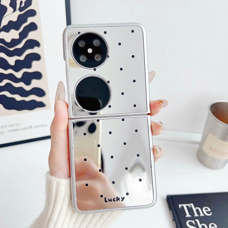 Estuche Plegable Huawei P50 con Diseño de Lunares y Espejo de Bolsillo (Negro)