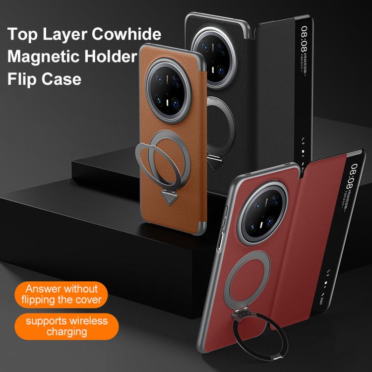 Funda de Cuero Huawei Mate 70 con Soporte Magnético Magsafe y Ventana Smart View (Roja)