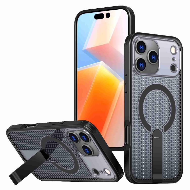 For iPhone 17 Pro Max Honeycomb Cooling MagSafe Holder Phone Case(Black)