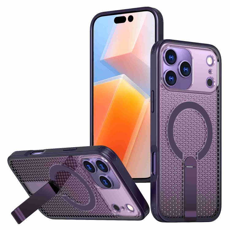 For iPhone 17 Pro Honeycomb Cooling MagSafe Holder Phone Case(Purple)