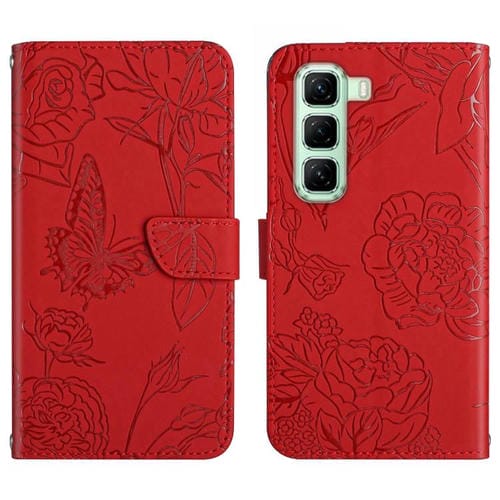 Funda de Cuero con Tapa y Diseño Mariposas En Relieve para Infinix Hot 50 Pro 4G (Rojo)
