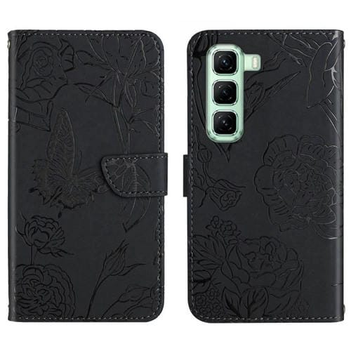 Funda de Cuero con Tapa y Mariposas En Relieve para Infinix Hot 50 4G (Negra)