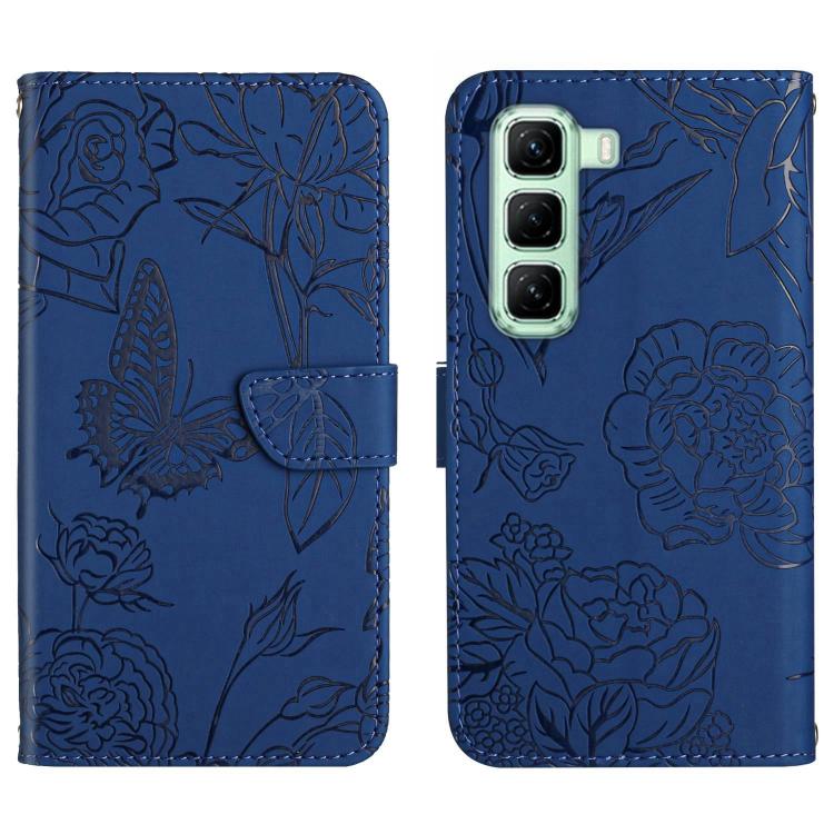 Funda de Cuero con Tapa y Mariposas En Relieve para Infinix Hot 50 5G (Azul)
