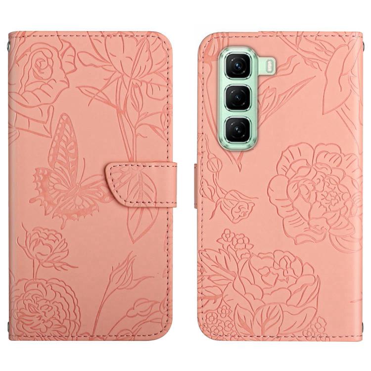 Funda de Cuero con Tapa y Mariposas En Relieve para Infinix Hot 50 5G (Rosa)
