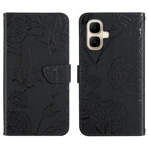 Funda de cuero con tapa y diseño de mariposas en relieve para Infinix Smart 10 4G / Tecno Pop 10 (negra)