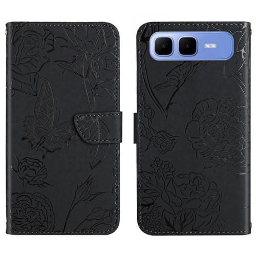 Funda de cuero con tapa y diseño de mariposas en relieve para Infinix Smart 10 Plus 4G (negra)