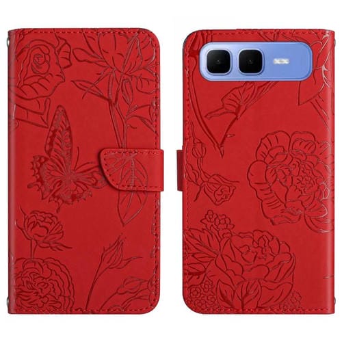 Funda de cuero con tapa y diseño de mariposas en relieve para Infinix Smart 10 Plus 4G (roja)