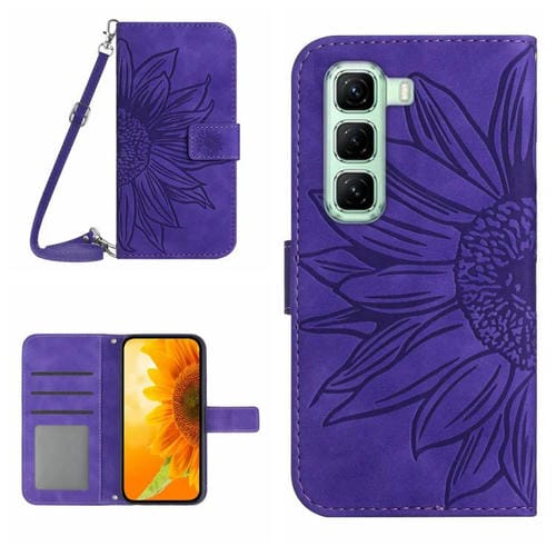 Funda de Cuero con Tapa para Infinix Hot 50 Pro 4G Diseño Girasol Cordón (Morado Oscuro)
