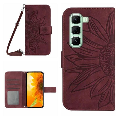 Funda de Cuero con Tapa y Cordón para Infinix Hot 50 Pro+ 4G Diseño Girasol (Rojo Vino)