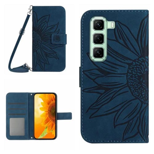 Funda de Cuero con Tapa y Cordón para Infinix Hot 50 Pro+ 4G con Diseño de Girasol (Azul Tinta)