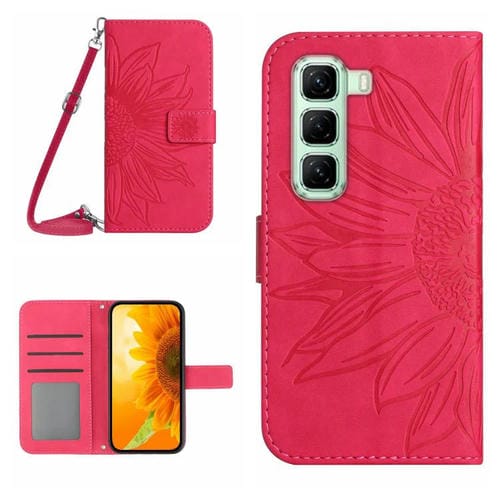 Funda de Cuero con Tapa para Infinix Hot 50 5G Diseño Girasol en Relieve y Cordón (Rosa Rojo)