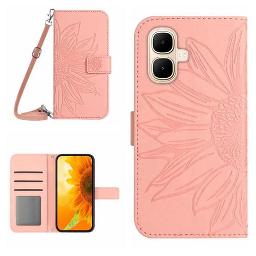 Funda de cuero con tapa y cordón para Infinix Smart 10 4G / Tecno Pop 10, con diseño de girasoles en relieve y tacto suave (rosa)