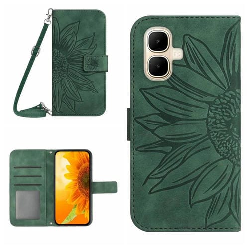 Funda de cuero con tapa y cordón para Infinix Smart 10 4G / Tecno Pop 10, con diseño de girasol en relieve y tacto suave (verde)