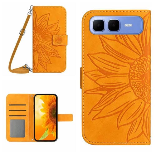 Funda de cuero con tapa y cordón para Infinix Smart 10 Plus 4G, con diseño de girasoles en relieve y tacto suave (amarilla)