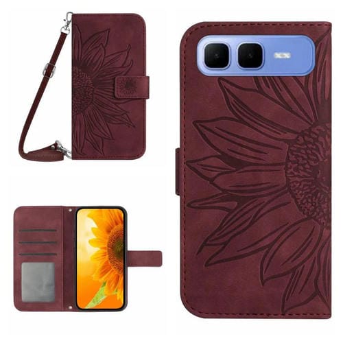 Funda de cuero con tapa y cordón para Infinix Smart 10 Plus 4G, con diseño de girasoles en relieve y tacto suave (rosa rojo)