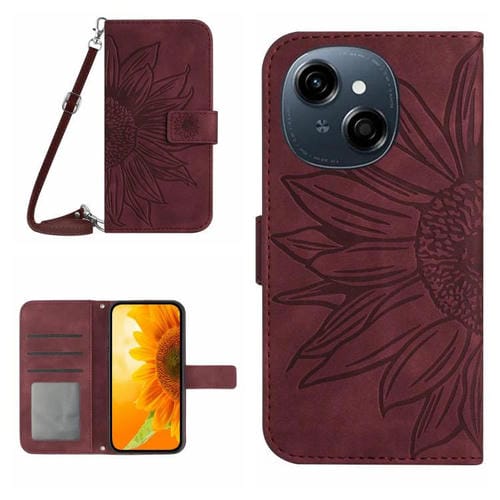 Funda de Cuero con Tapa y Cordón para Tecno Pop 9 4G y Spark Go 2025 4G (Rojo Vino)