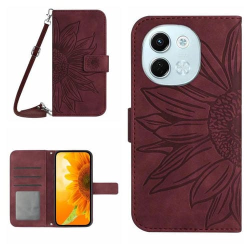Funda de Cuero con Tapa y Cordón para Tecno Spark 30 5G con Diseño de Girasol (Rojo Vino)
