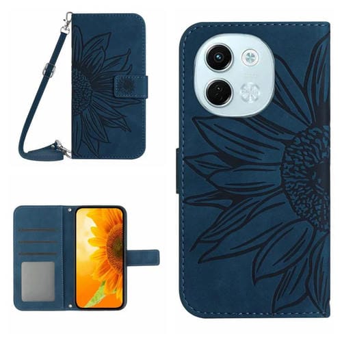 Funda de Cuero con Tapa y Cordón para Tecno Spark 30 5G con Diseño de Girasol (Azul Tinta)