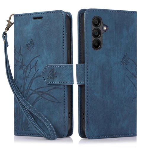 Funda de Cuero Samsung Galaxy A16 5G con Relieve de Mariposa y Orquídea (Azul)